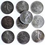 Ensemble de 10 pièces de 1 Franc Semeuse argent, 3...