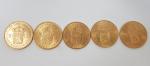 5 pièces de 10 Florains - or - datées :...