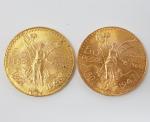2 pièces de 50 Pesos - or - datées :...