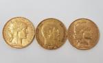 Trois pièces de 20 Francs or dont deux COQ 1905...