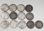 Un lot de pièces en argent comprenant: Neuf 10 francs...
