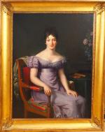 Ecole francaise début XIXème "Portrait d'élégante à la robe parme".
Huile...