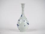 Vase bouteille à col annelé en porcelaine bleu blanc décor...