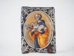 Plaque en émail peint polychrome représentant saint Joseph portant l'Enfant...