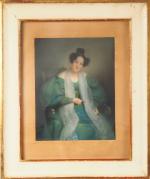 Ecole francaise XIXème.
"Portrait d'une élégante à la robe verte".
Pastel. 
Dim....