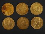 Six pièces de 20 francs or, 1851-A. 
FRAIS ACHETEURS 5%...