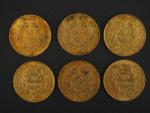 Six pièces de 20 francs or, 1851-A. 
FRAIS ACHETEURS 5%...