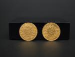 Deux pièces de 20 francs or, 1853-A. 
FRAIS ACHETEURS 5%...