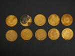 Dix pièces de 20 francs or, 1854-A. 
FRAIS ACHETEURS 5%...