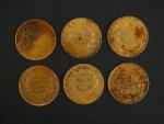 Six pièces de 20 francs or, 1855-A (x5) et 1855-D.
FRAIS...