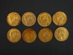 Huit pièces de 20 francs or, 1857-A.
FRAIS ACHETEURS 5% TTC.