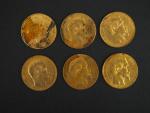 Six pièces de 20 francs or, 1858-A.
FRAIS ACHETEURS 5% TTC.