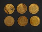 Six pièces de 20 francs or, 1858-A.
FRAIS ACHETEURS 5% TTC.