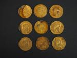 Neuf pièces de 20 francs or, 1859-A (x8) et 1859-BB....