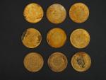 Neuf pièces de 20 francs or, 1859-A (x8) et 1859-BB....