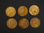 Six pièces de 20 francs or, 1860-A et 1860-BB (x5).
FRAIS...