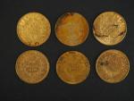 Six pièces de 20 francs or, 1860-A et 1860-BB (x5).
FRAIS...