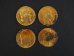 Quatre pièces de 20 francs or, 1865-A (x2) et 1865-BB...