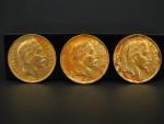 Trois pièces de 20 francs or, 1866-A et 1866-BB (x2).
FRAIS...
