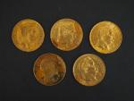 Cinq pièces de 20 francs or, 1868-A (x3) et 1868-BB...
