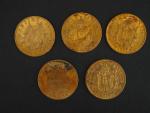 Cinq pièces de 20 francs or, 1868-A (x3) et 1868-BB...
