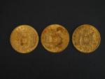Trois pièces de 20 francs or, 1869-BB. 
FRAIS ACHETEURS 5%...