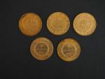 Cinq pièces de 20 francs or, 1895-A. 
FRAIS ACHETEURS 5%...