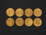 Huit pièces de 20 francs or, 1852-A, 1864-A, 1866-A, 1893-A,...