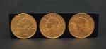 Trois pièces de 20 francs suisse or, 1916 et 1935...