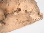 Sujet XIXème en terre cuite originale "chien berger couché". 
Signé...