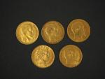 Cinq pièces de 20 francs or, 1851-A, 1856-A (x2), 1859-A,...