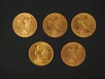 Cinq pièces de 20 francs or, 1909, 1910, 1911-B, 1913...