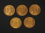 Cinq pièces de 20 francs or, 1909, 1910, 1911-B, 1913...