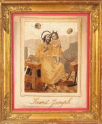 Soie brodée XIXème "Saint Joseph et l'enfant Jésus entourés d'anges"...