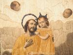 Soie brodée XIXème "Saint Joseph et l'enfant Jésus entourés d'anges"...