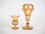 Deux différents vases en cristal de Bohème ambré, à décor...
