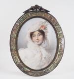 SUVEE. 
Miniature XIXème " portrait de jeune femme au foulard...