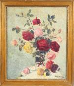 A. LAUGE. 
"Bouquet de roses"
Huile sur toile. Signée en bas...