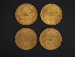 Quatre pièces de 20 Dollars or, 1874, 1877, 1878 et...