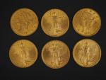 Six pièces de 20 Dollars or, 1891, 1907, 1908, 1922...