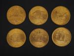 Six pièces de 20 Dollars or, 1891, 1907, 1908, 1922...