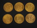 Six pièces de 20 Dollars or, 1903, 1906, 1907 (x2)...