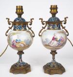 Paire de lampes XIXème de style Louis XVI en émaux...