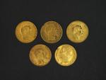 Cinq pièces de 20 Francs or, 1811-W, 1855-A, 1856-A, 1857-A...