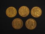 Cinq pièces de 20 Francs or, 1865-A, 1866-BB, 1890-A, 1899...