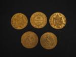 Cinq pièces de 20 Francs or, 1865-A, 1866-BB, 1890-A, 1899...
