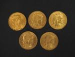 Cinq pièces de 20 Francs or, 1901, 1906 (x2), 1908...
