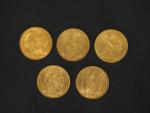 Cinq pièces de 20 Francs or, 1901, 1906 (x2), 1908...