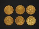 Six pièces de 20 Francs or Helvetia, 1909-B, 1911-B, 1916-B...