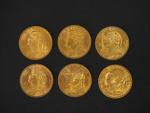 Six pièces de 20 Francs or Helvetia, 1927-B.
FRAIS ACHETEURS 5%...